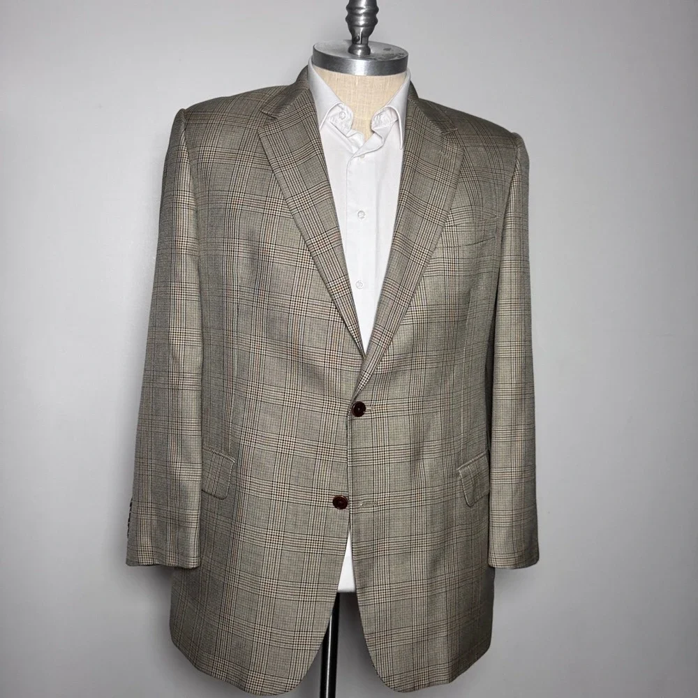 Brooks Brothers Sport Coat Mens 46L Tan Glen Plaid‎ Silk Wool Blend Blazer